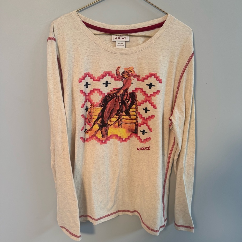 ARIAT Women's Long Sleeve T Shirt Western Graphic Beige Red Size XL